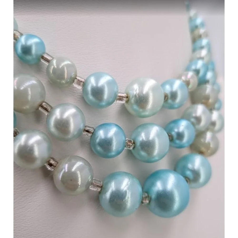 Vintage Japan Triple Strand Faux Pearl Necklace Aqua Cream Silver Tone 18 Inch